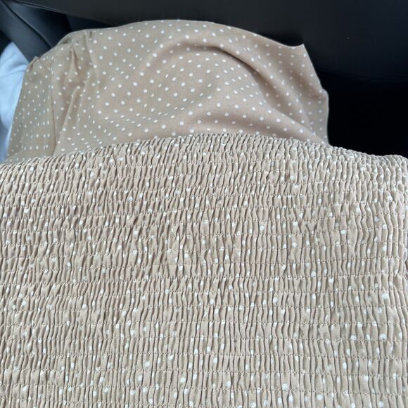 HYFVE HYFVE HYFVE Peach/Tan Polka Dot Bodycon Spring Dress Ruched Size Large - Picture 5 of 13